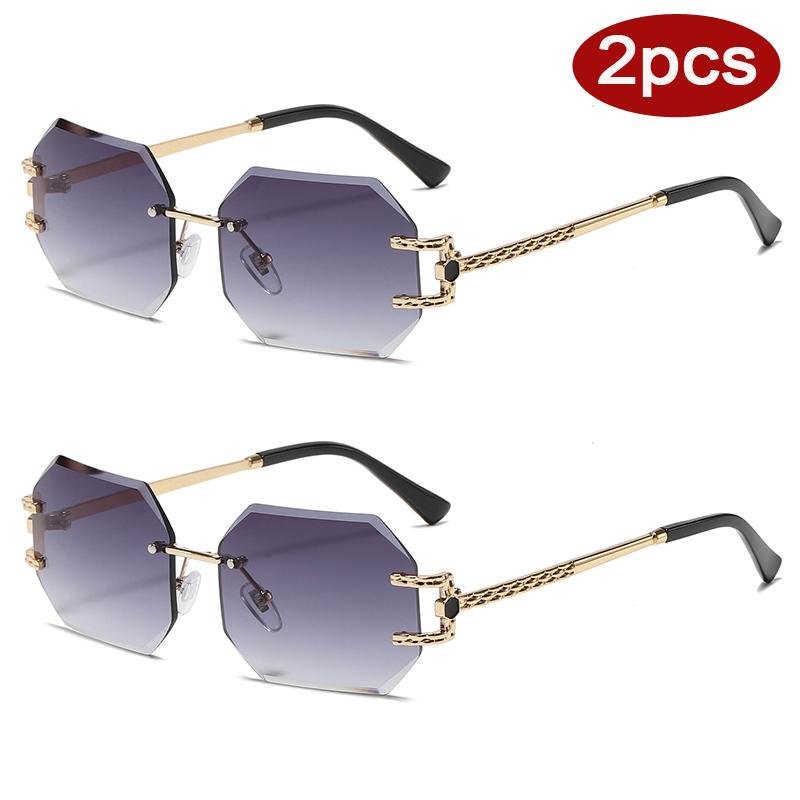 2pcs Fashion Women Rimless Polygon Sun Glasses Metal Frame Colorful  Cutting Lens Glasses Ladies Brand Designer Eyeglasses UV400