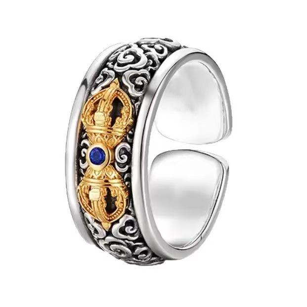 Кольцо Ваджра с узором благоприятных облаков - Винтажное тибетское открытое кольцо Adjustable Open Ring