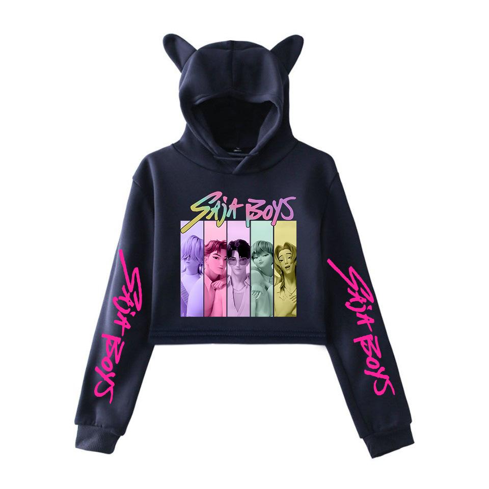 

Горячее Аниме K-Pop Охотники на Демонов Саджа Бой Укороченные Топы Толстовка с Кошачьими Ушками С Длинным Рукавом Модная Толстовка для Девочек XXS темно-синий