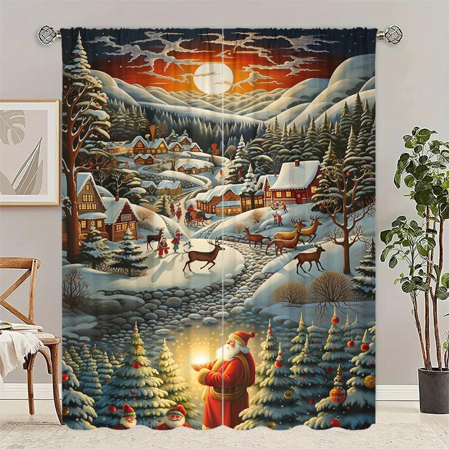 

Christmas Landscape Printed Curtains Pole Bag Decorations Home Room Made Of Polyester W100*H70(CM)-Hooks&2PCS