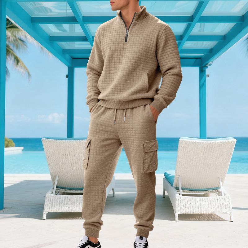 Herbst/Winter Jacquard Karierte Herren Casual Relaxed-Fit Stehkragen Arbeitshose mit Outdoor Hoodie Set