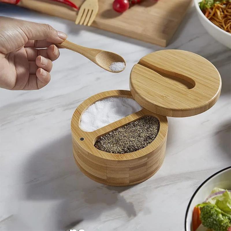 Kitchen Seasoning Bottle Convenience Tools Bamboo Salt Jar Kitchen Circular Bamboo Seasoning Box Spice Rack Accessories