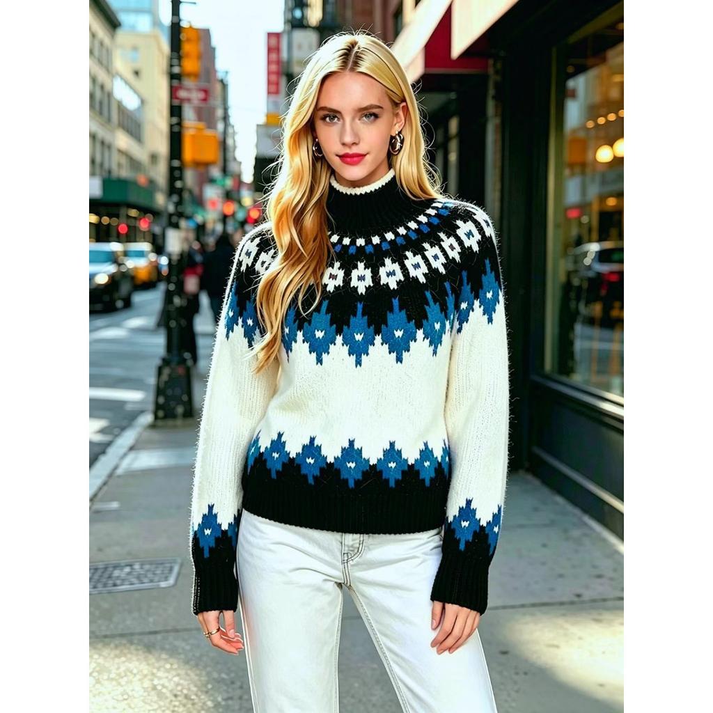 Fall Winter Women's Fair Isle Pattern Half Turtleneck Sweater, Loose Soft Rhombus Jacquard Knit Lazy Top