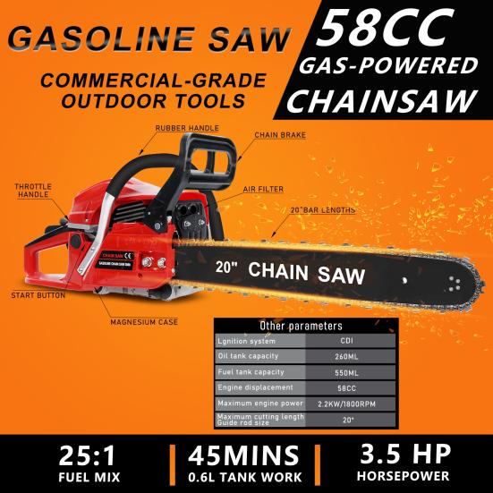 20 Inch Gas Chainsaw 58CC 2-Stroke Gas Powered Handheld Cordless