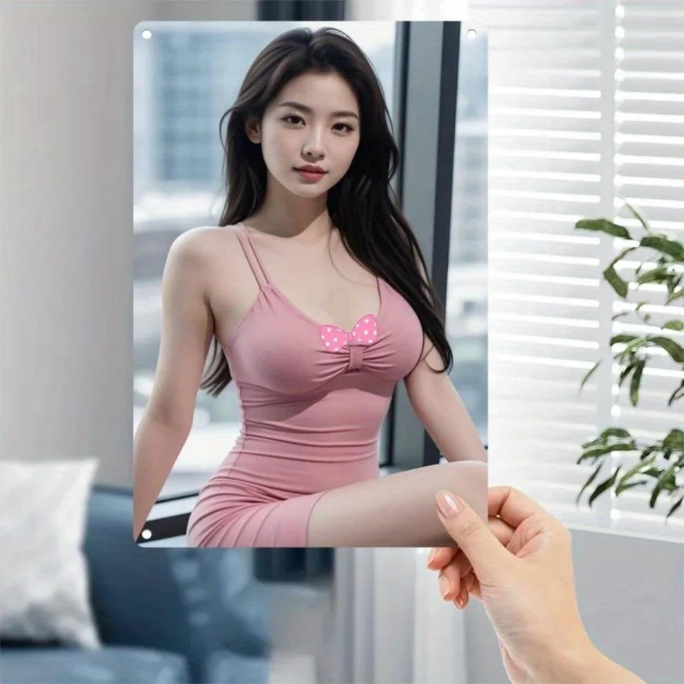 Hisun Tin Sign HD Metal Tin Sign Elegant Asian Beauty in Pink Bodycon Dress City View Vintage Wall Art D Flat Retro Iron Painting Plaque for