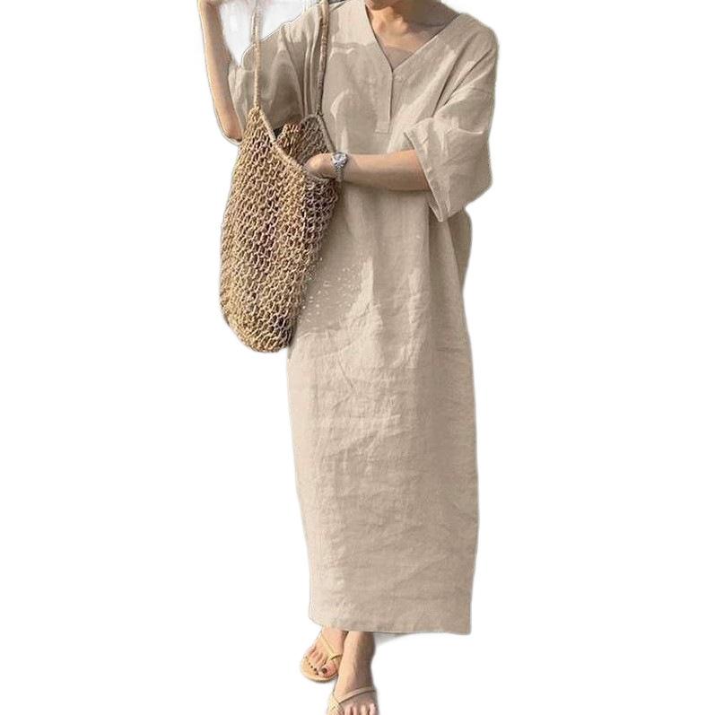European and American new women's clothing, loose short-sleeved v-neck solid color large-size cotton and linen dress