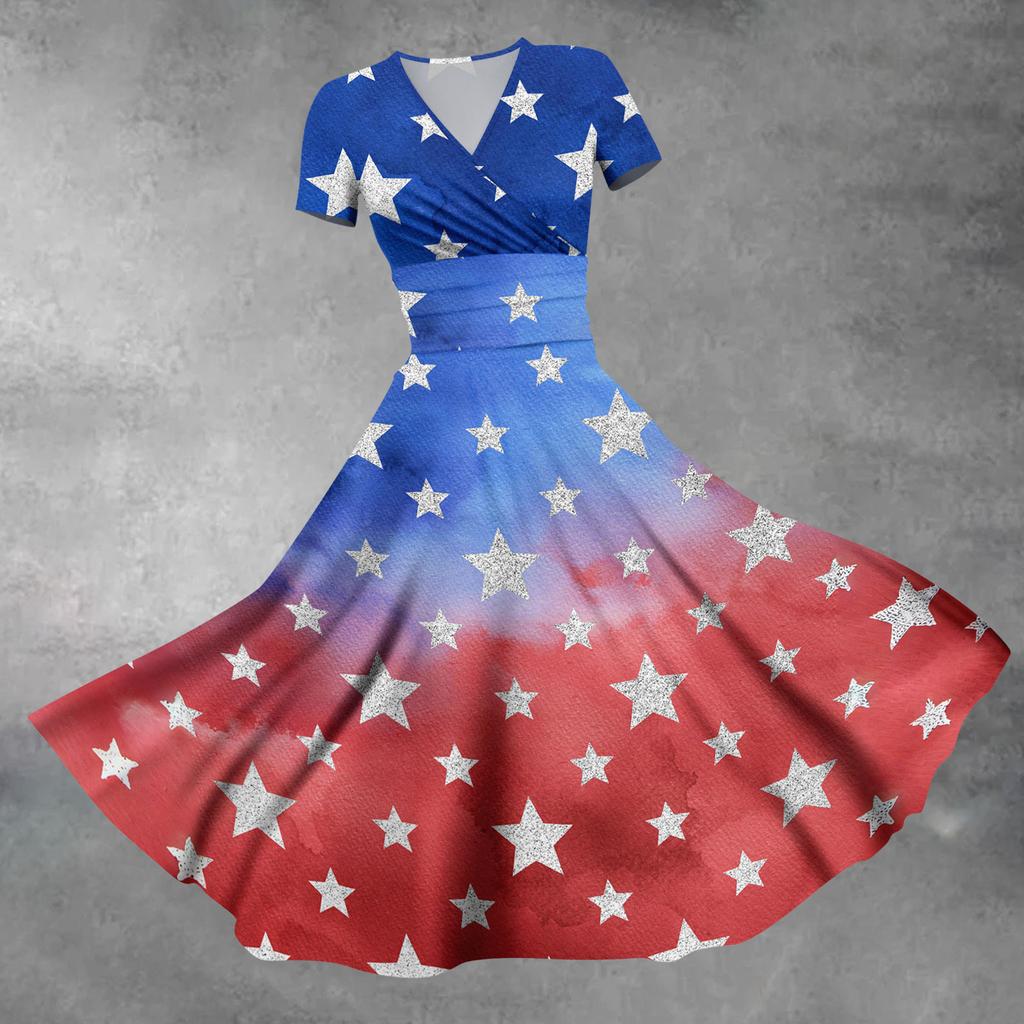 Damenmode Lässiges Independence Day Bedrucktes Kurzarmkleid Elegantes Maxikleid