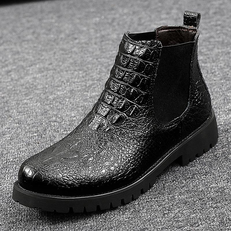 Mens Boots High Quality Men Chelsea Boots Autumn Winter Ankle Boots Plush Warm Outdoor Snow Shoes Crocodile Pattern Casual Shoes