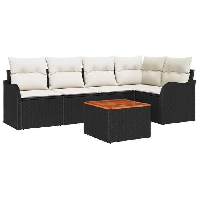 Ensemble de canapé de jardin de 6 pièces avec coussins noir poly rotin acacia, Canapé de jardin 2 places avec coussins noir 3347453