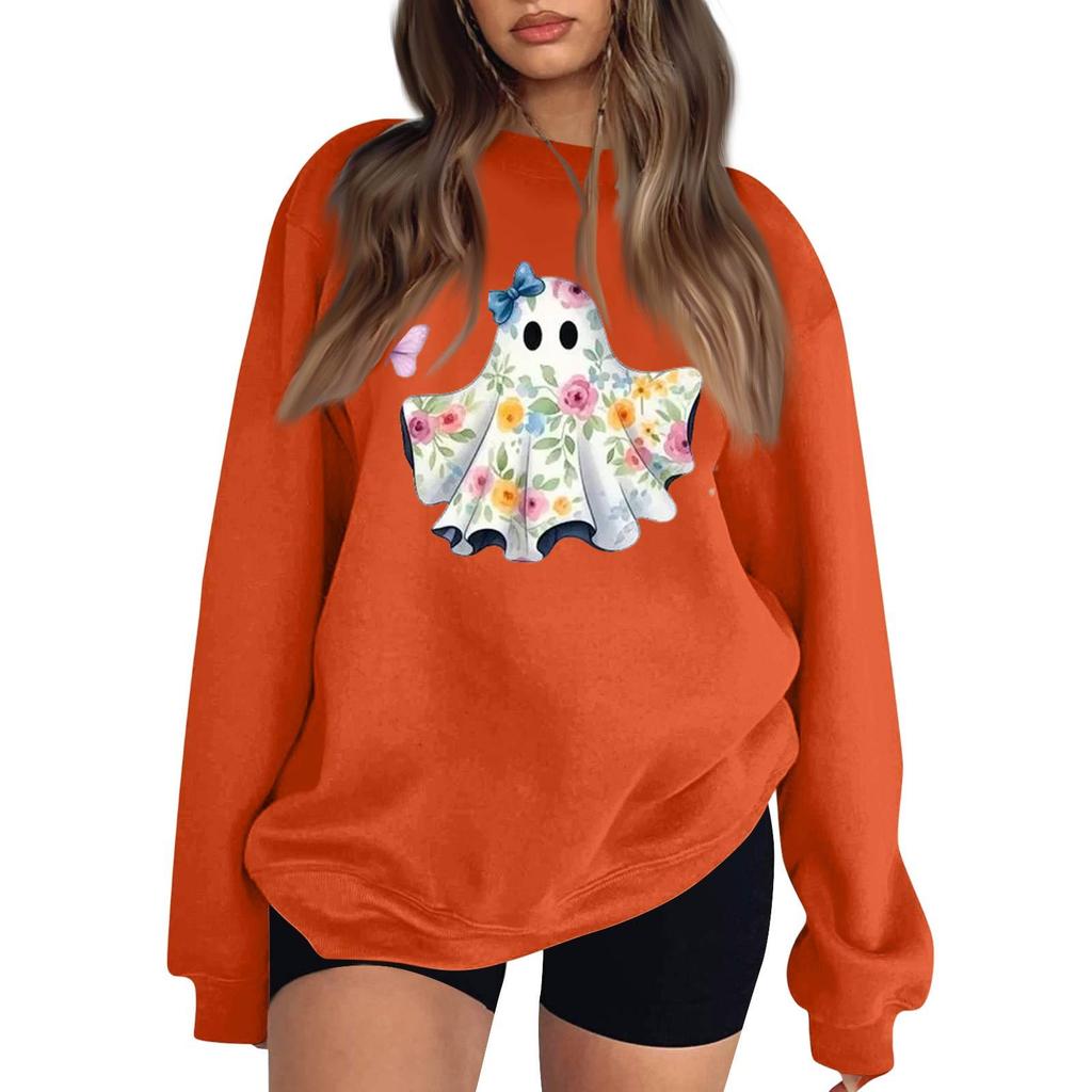 Women's Color Long Sleeve Neck Sweatshirt with Halloween Print Casual Loose Fit Pullover Top