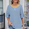 Women T-shirt Loose Fit Striped Print Round Neck Short Sleeve Tee Tops Elastic Fit Summer Pullover Tops