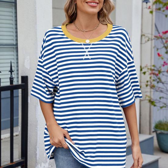 Women T-shirt Loose Fit Striped Print Round Neck Short Sleeve Tee Tops Elastic Fit Summer Pullover Tops