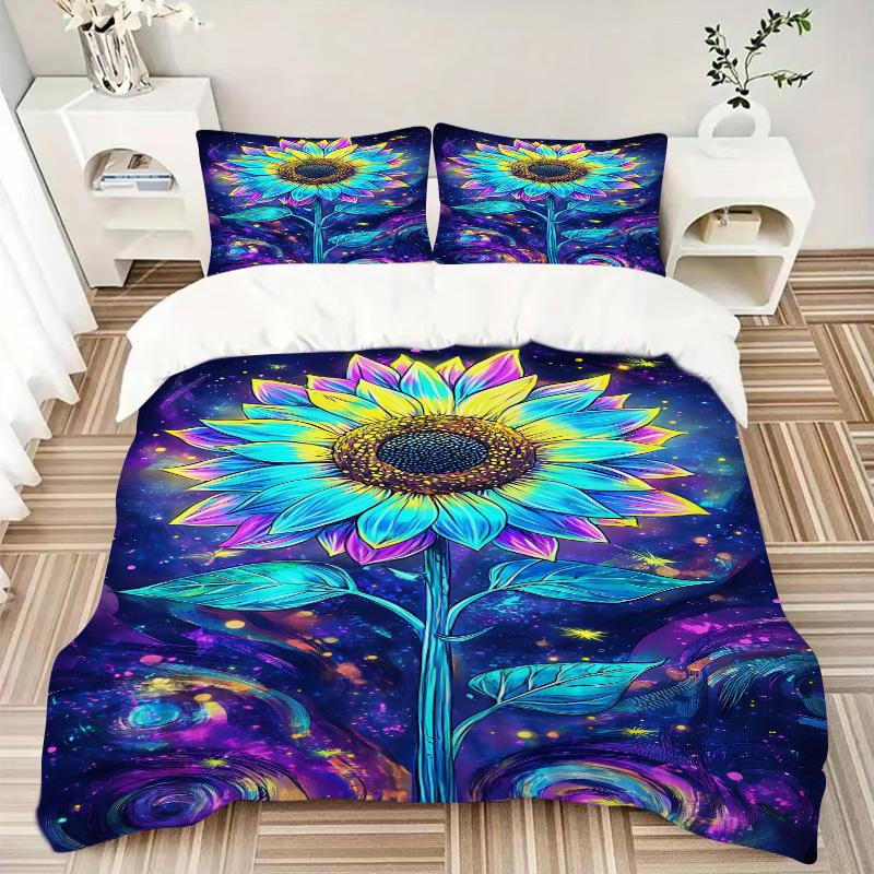 3pcs Cosmic Sunflower Bedding Set - 1 Duvet Cover + 2 Pillowcases(Core Not Included), Machine Washable Polyester, All-Season Comfort, Bedroo