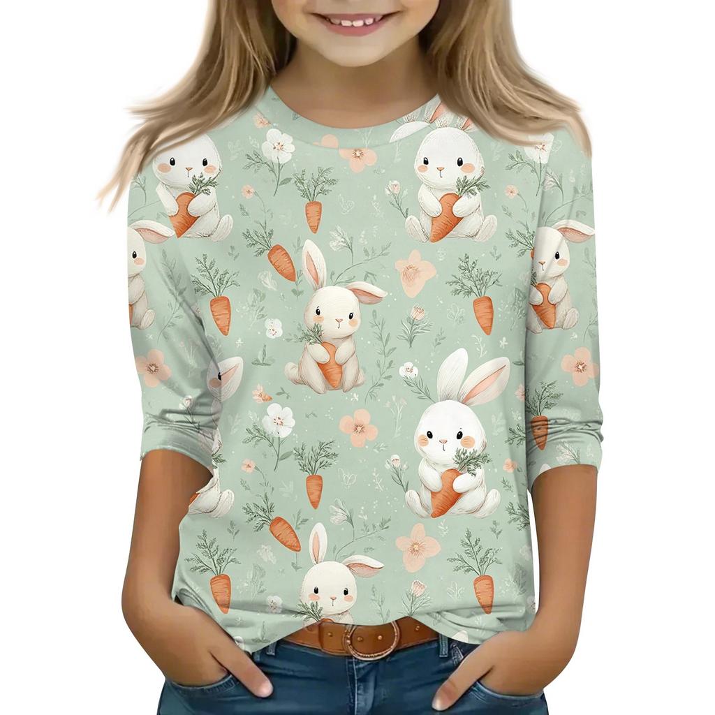 Children's 3/4 Sleeve Tops Casual Print T Shirt Round Neck Pullover Blouse