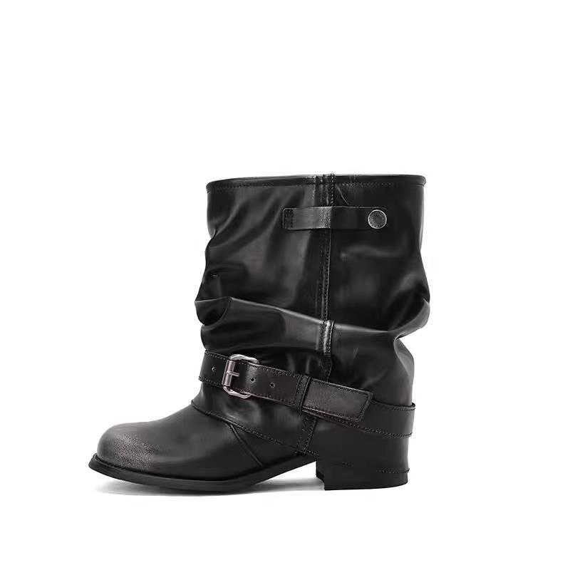 

Spice Girls Pants Boots~ Fashion Wasteland Wind Folded Buckle Western Short Boots Women s Year Locomotive Stacking Boots 40 чорний