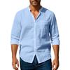 Men Mandarin Collar Long Sleeve Solid Linen Cotton Casual Button Up Shirt With Chest Pocket