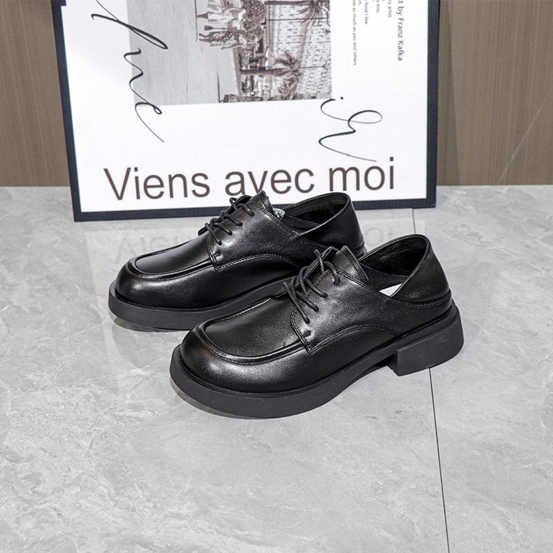 

Spring new women s shoes first layer cowhide small leather shoes retro lace-up single shoes women 35 чёрный