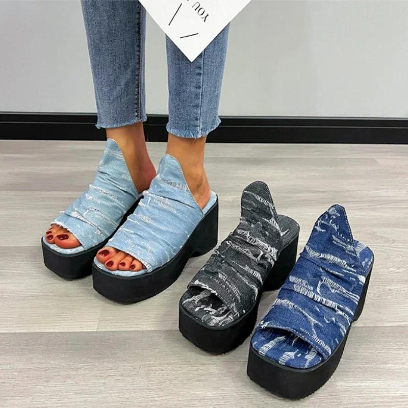 Women Fashion Denim Blue Wedges Sandals Summer Chunky Platform Heeled Sandals Woman Thick Soled Beach Shoes Plus Size 43
