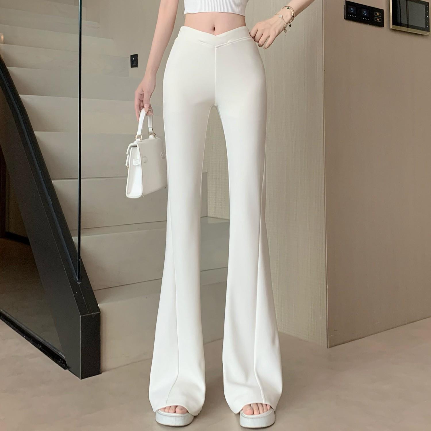 

Women s V-Waist Black Micro-Flare Slim-Fit Bell-Bottom Pants - Spring Casual Floor-Length Extra Large миндальный/белый