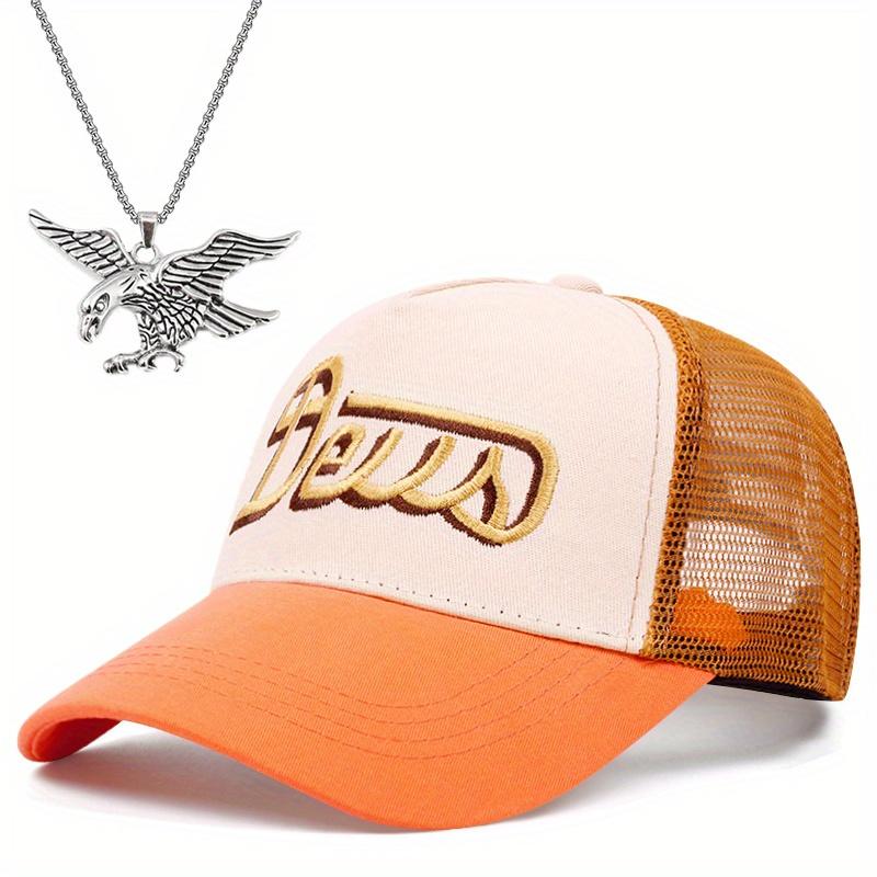 

2 шт. Мужская женская бейсболка с вышивкой в стиле хип-хоп, уличная кепка, модная универсальная кепка с язычком утки, комплект с подвеской в виде орла, комплект с ожерельем для пары, спортивная кепка оранжевый