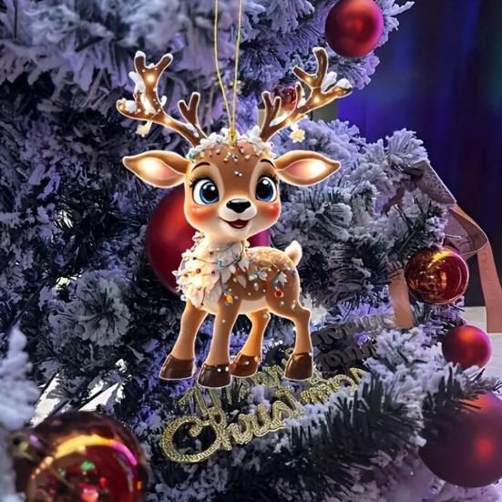 2D Flat Acrylic Elk Pendant Cartoon Deer Car Rearview Mirror Charm Christmas Tree Hanging Decoration for Auto Interior Accessories Holiday Window Wall