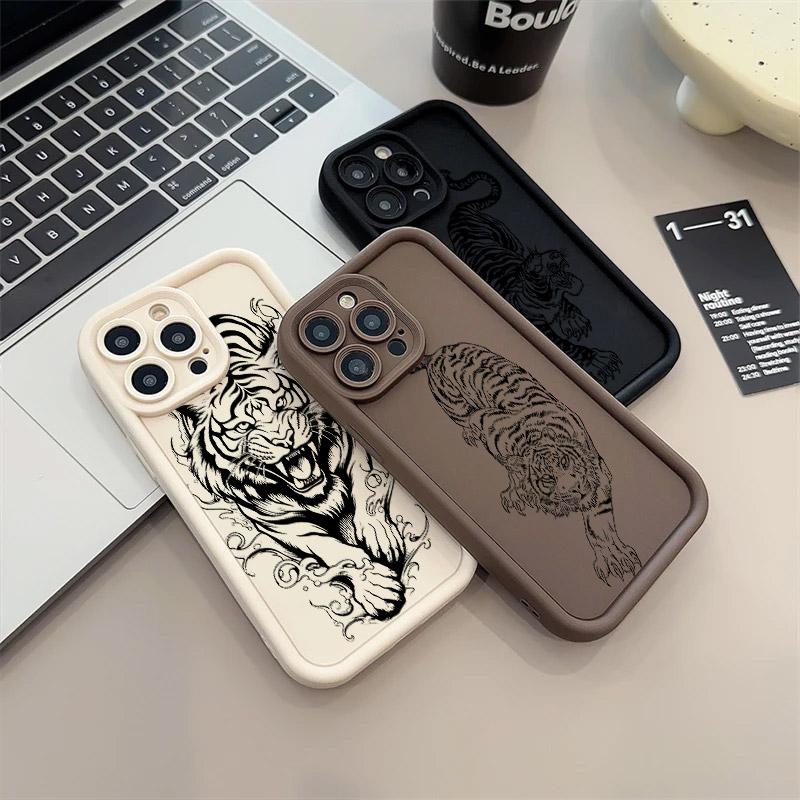 Tiger Black Line Art Soft Silicone Case 17PM For iPhone 17 11 15 16 13 Pro Max 14 Plus 12 16Pro 16E 17AIR Shockproof Phone Cover