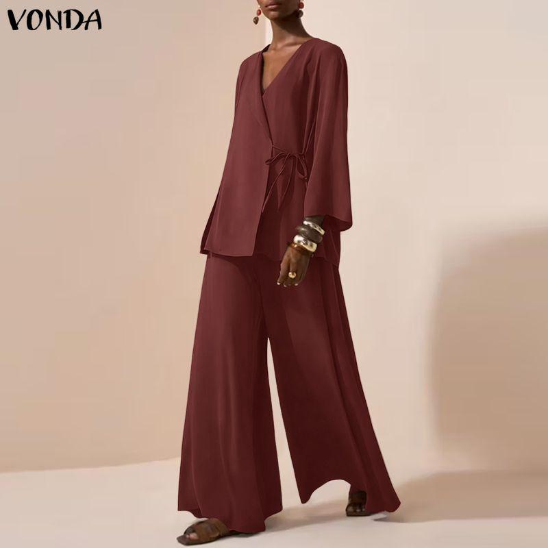 VONDA Women Sets Long Sleeve Side Cross Blouse and Pants Casual Two Piece Suit Sets
