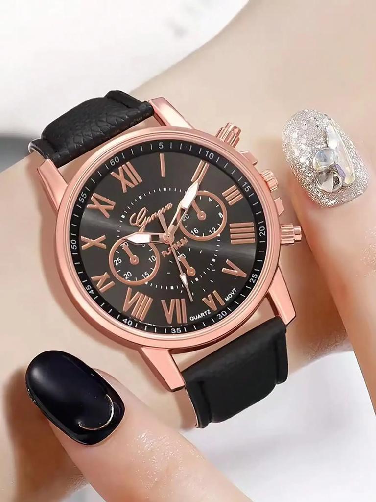 5PCS/Set Women's Watch Fashion Rhinestone Leather Band Quartz Watch Beads Bracelets Set(Without Box)