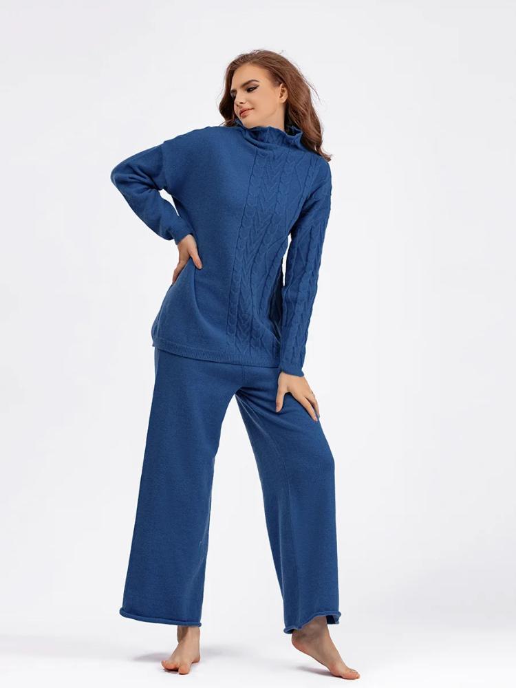 Herbst Winter Warm Verdicken Pullover für Damen Trainingsanzug Gestricktes 2-teiliges Set Rollkragen Strickpullover und Elastische Hosen Anzüge