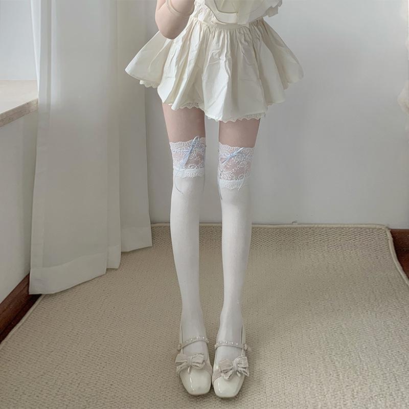 Lolita Lace Bow Over-the-Knee Socks - Japanese Style White Knee-High with Ribbon Tie