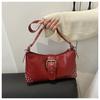 Retro Distressed Faux Leather Shoulder Bag for Women, Biker Style Rivet Pin Closure Clutch, Trendy Baguette Crossbody Handbag CLE
