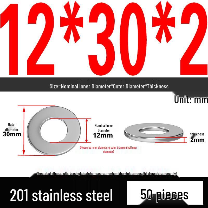 201 Stainless Steel Flat Washer Shim, GB97, Sizes M3 to M30