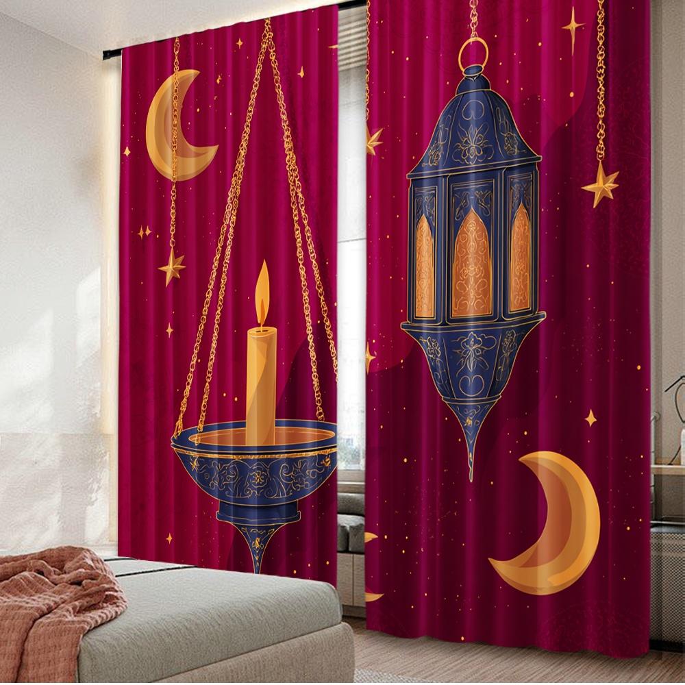 

Set Of 2 Flat Printing Curtains Celestial Moons Digital Printed Polyester Drapes Festive Holiday New Year Carnival Curtain W100*H70(CM)-Grommet top&1PCS
