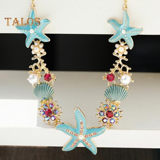 Exaggerated Women Necklace Ocean Theme Starfish Coral Shell Hollow Out Faux Pearl Rhinestone Decor Adjustable Length Lady Vacation Beach Neck Jewelry