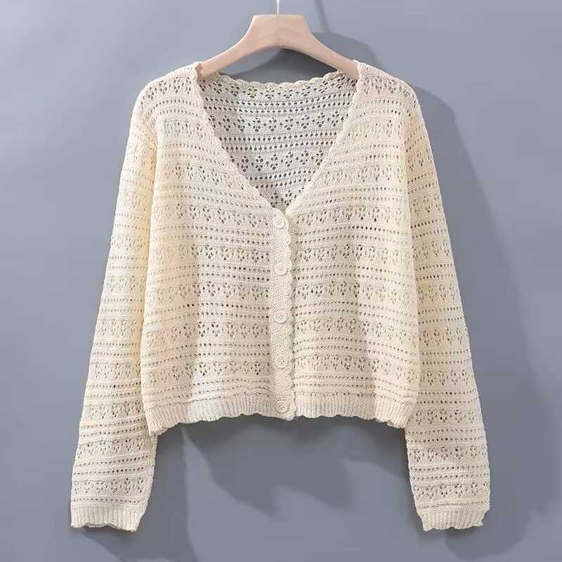 Summer Women's Ice Silk Cardigan Thin Long Sleeve Top Loose V-neck Hollow Out Knitted Sweater