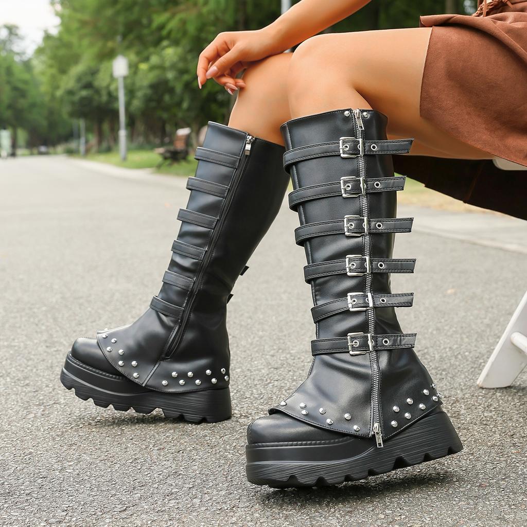 Women Boots Platform Fashion Punk Sexy Motorcycles Boots Women Outdoor Knee High Boots New Luxury Cosplay Gothic Shoes Women