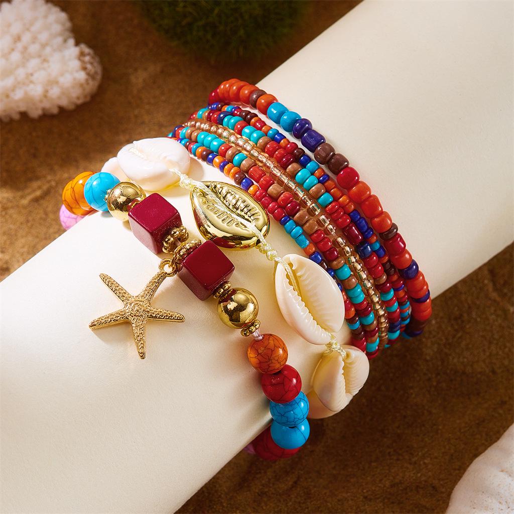 Богемный набор браслетов из бисера  Морская звезда и ракушка  - Праздничный стиль красный