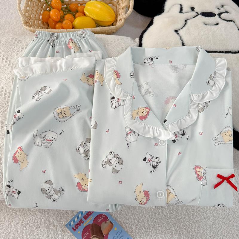Cute lace pajamas women's spring and autumn new imitation cotton long-sleeved cartoon puppy dog loungewear set