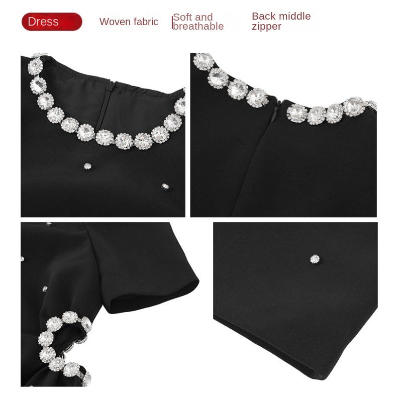 GMXIA Schwarzes Kleid im Hepburn-Stil, Sommerkleid für Damen, schwere Industrie, mit Diamanten besetzte Taille, A-Linie, Swing-Kleid