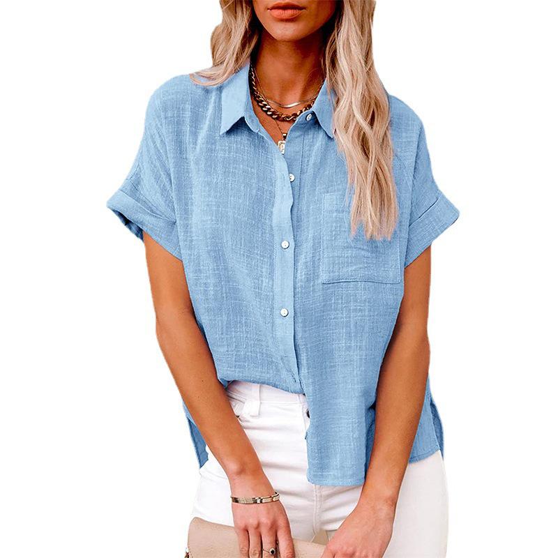 2025 Summer European & American Women's Solid Color Linen Short Sleeve Casual Loose Blouse