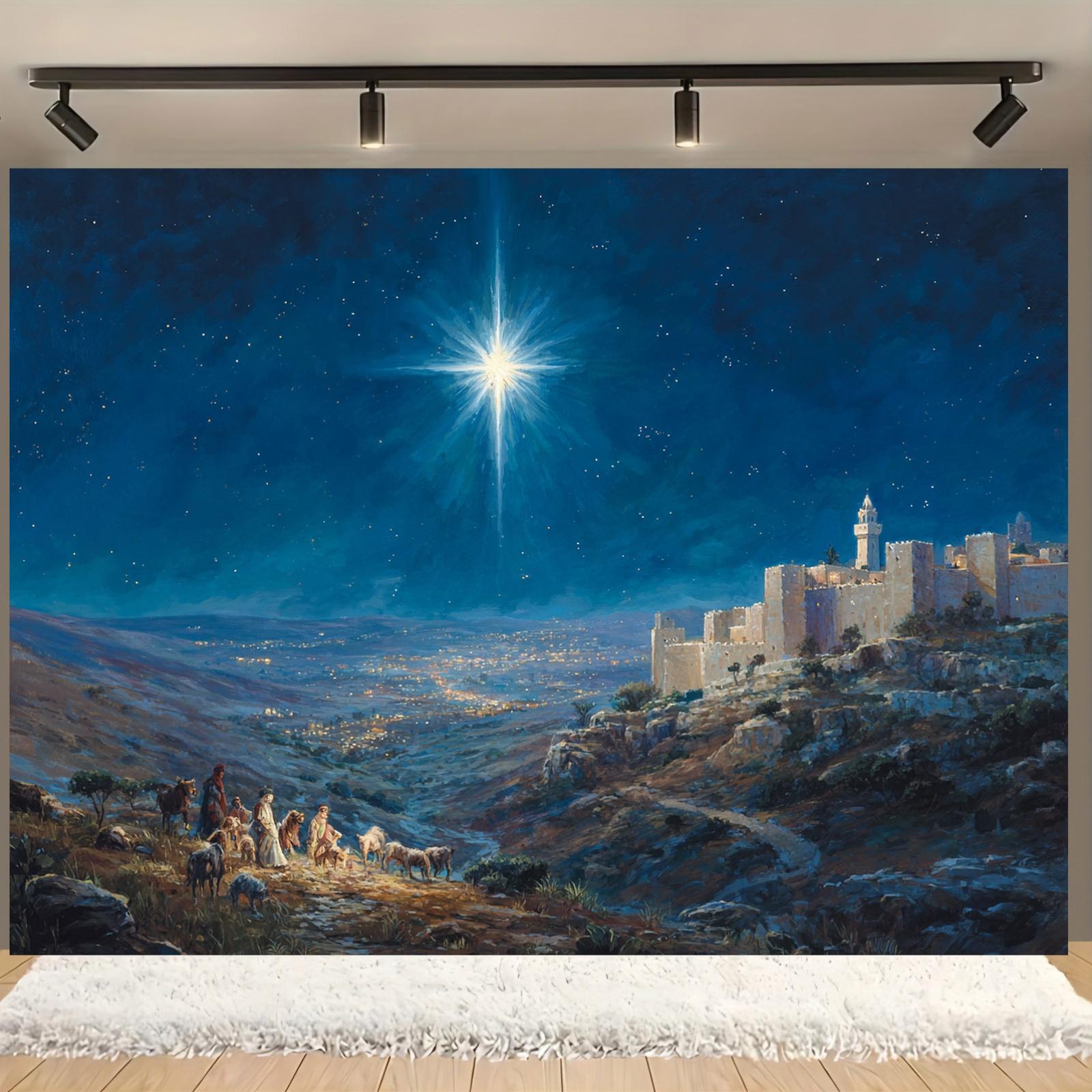 A 2D flat Christmas scene background with a shepherd the Star of Bethlehem and an ancient city landscape 130x150cm