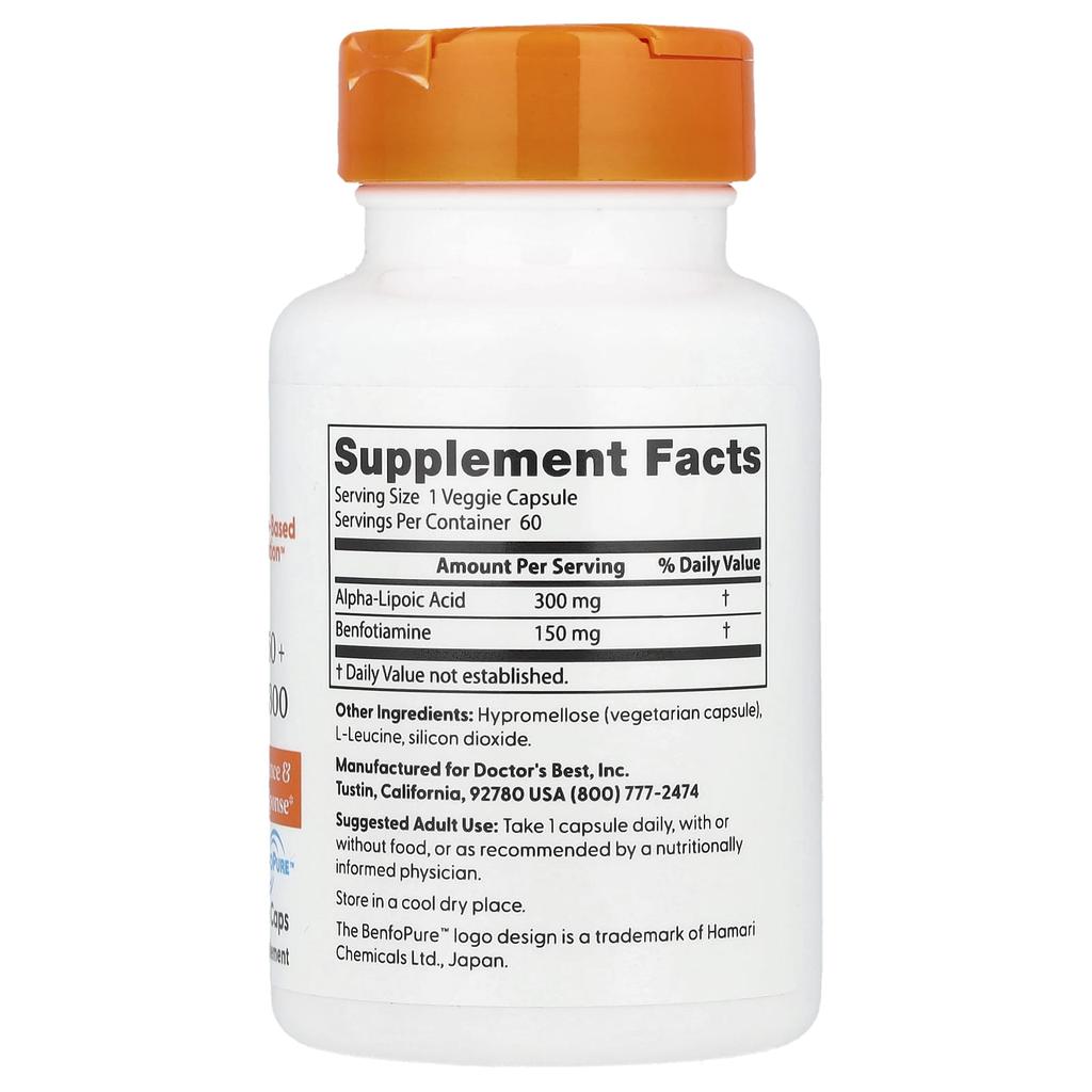 Doctor's Best Benfotiamine 150 + Alpha Lipoic Acid 300, 60 Veggie Caps