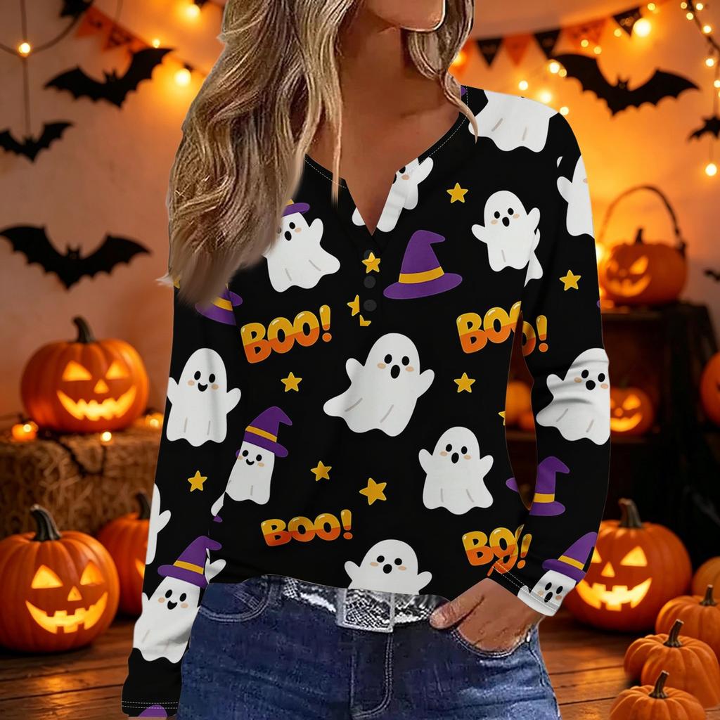 Women's Long Sleeve V Neck T Shirt Halloween Print Button Detail Casual Fashion Top Slim Fit Stretchy Fabric Comfortable Wear