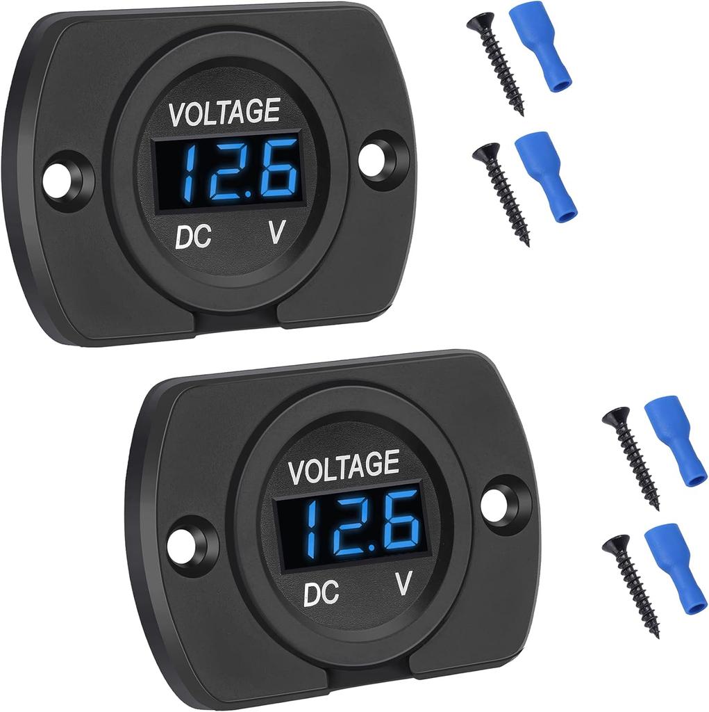 2 Pack DC 12V 24V Waterproof Car Voltmeter LED Digital Display Panel, Round Voltage Gauge with Terminals for Car/Motorcycle/Travel Trailer/Truck/Boat
