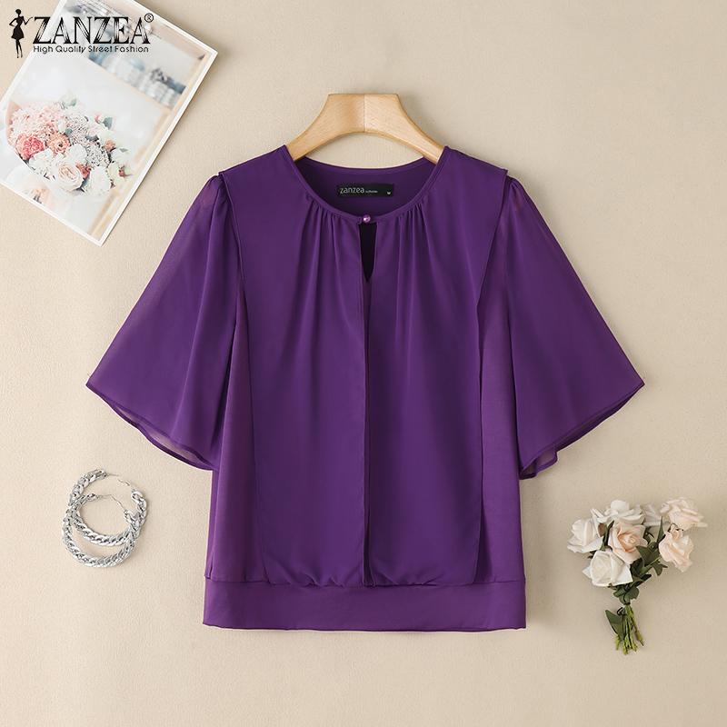 ZANZEA Women Summer Chiffon Splice Half Sleeve Loose Summer Blouse