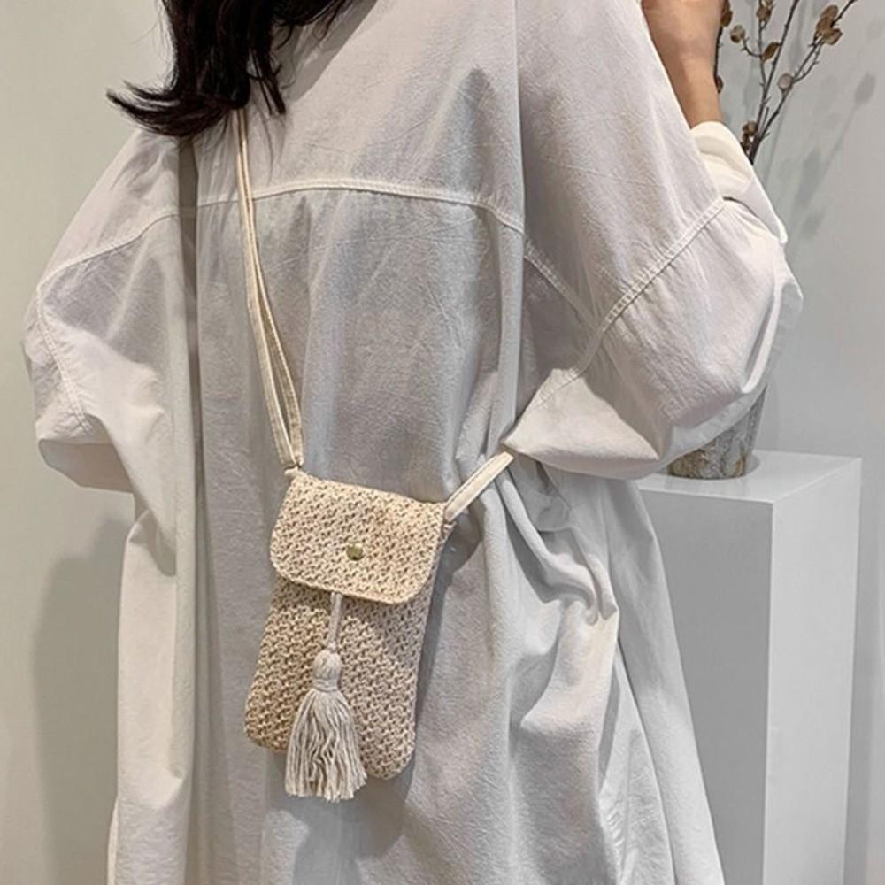 Long Tassel Straw Woven Handbag Handmade Woven Beach Bag Casual Crossbody Bucket Bag Female