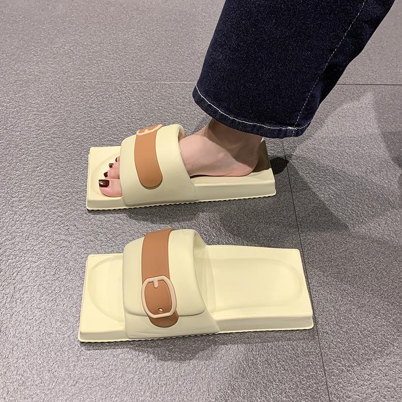 Fashion Summer New Flat Slippers Women Fashion Square Head Shallow Mouth Open Toe Matching Color Anti-slip Wear-resistant Sandals