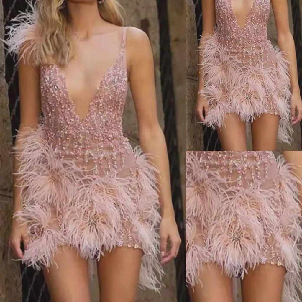 2025 European & American Women's Feather Suspender Dress - Deep V Neck, Sexy Nightclub Party Style