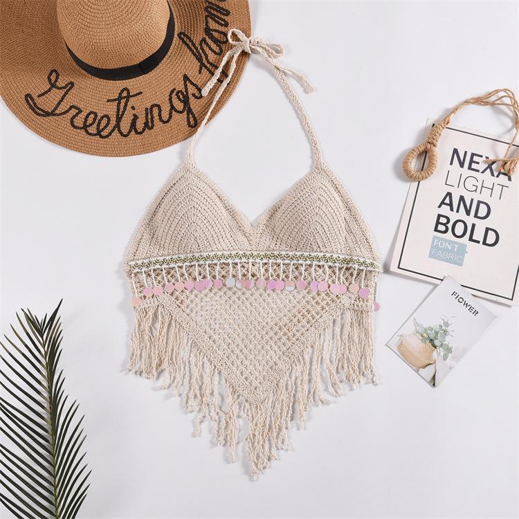 Lace-up Neck Small Vest, Sling Women's Summer Short Style with Chest Pad Inside, Backless Hollow Tube Top Embroidered Vest