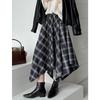 Ju Zhi Autumn Plaid High Waist A-Line Midi Skirt - Irregular Design, Slimming Fit